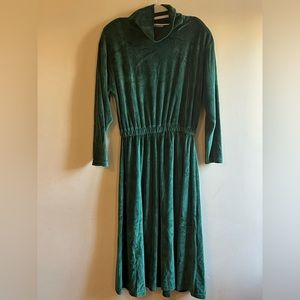 Vintage Knit Day Dress Women's Small Large Green Elastic Waist Turtleneck 80s
